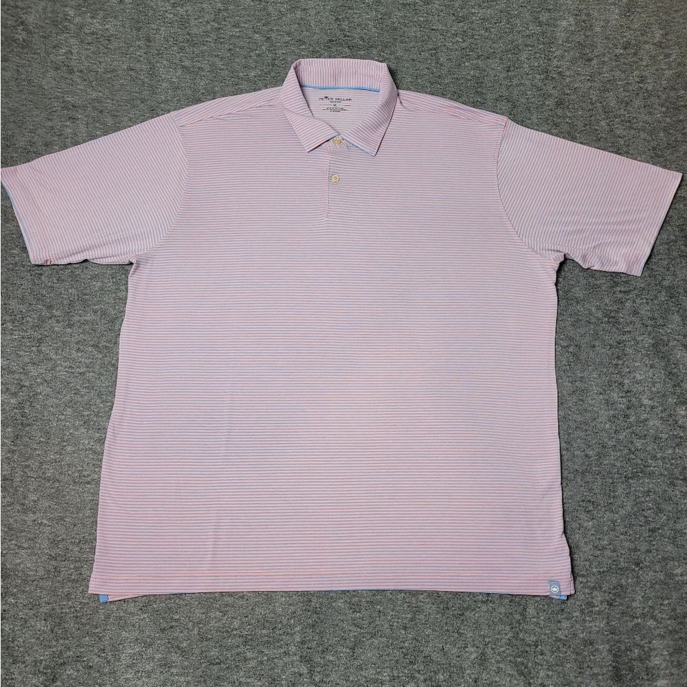 Peter Millar Polo Shirt Mens Size Medium Blue White Short Sleeve Golf Striped